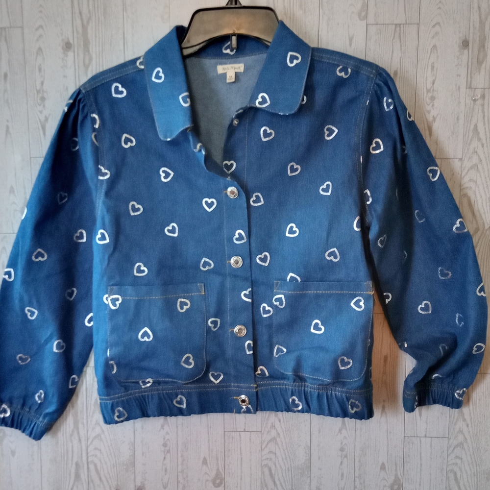 Kate Mack Denim Heart Print Blue Jacket Girls Size 12 NWT